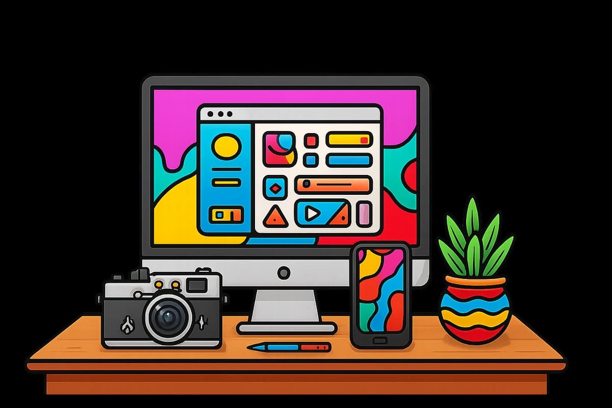 Illustration of a colorful desk setup with a monitor, camera, phone, and plant representing website work across every device