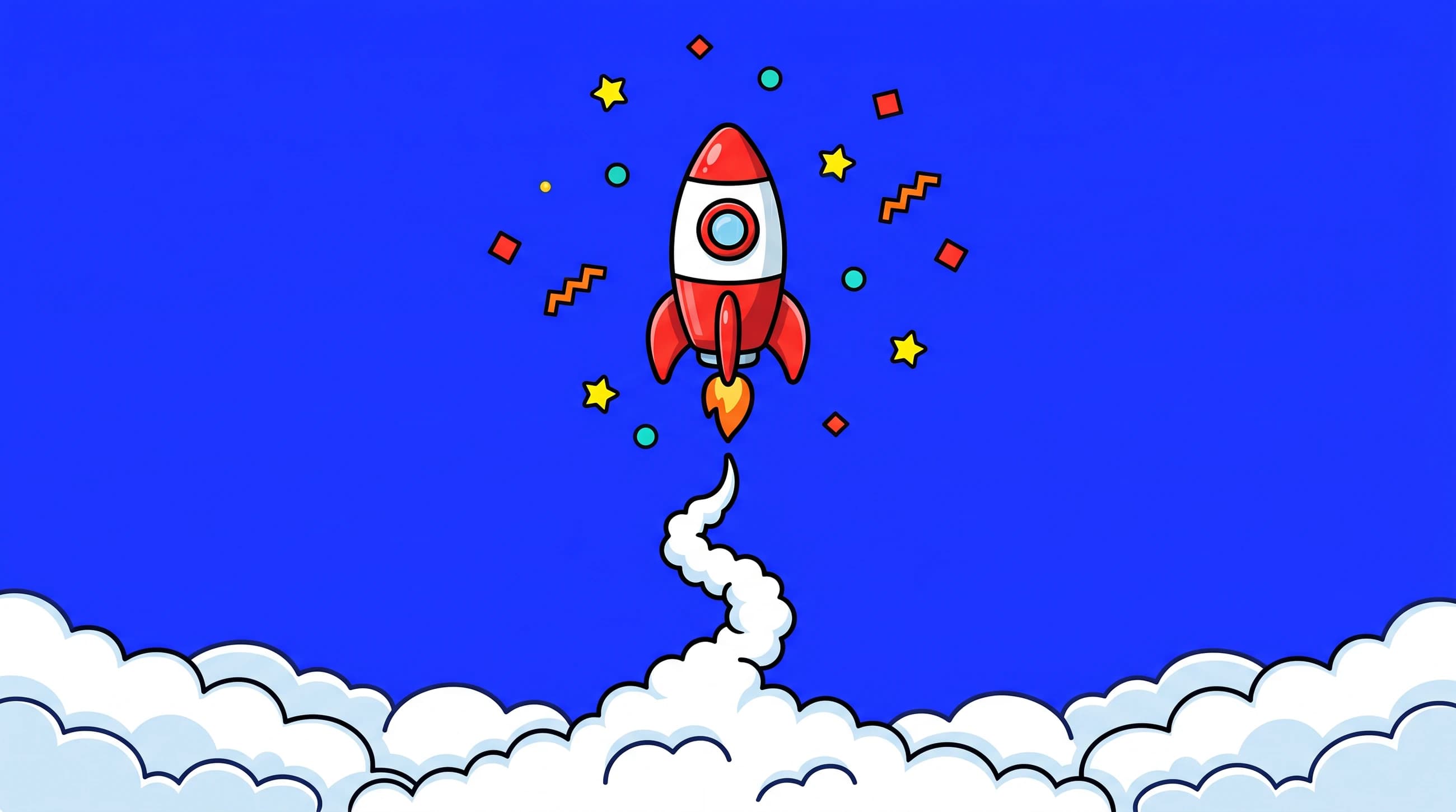 Illustration of a red and white rocket launching through blue sky, with clouds along the bottom, symbolizing a website going live fast